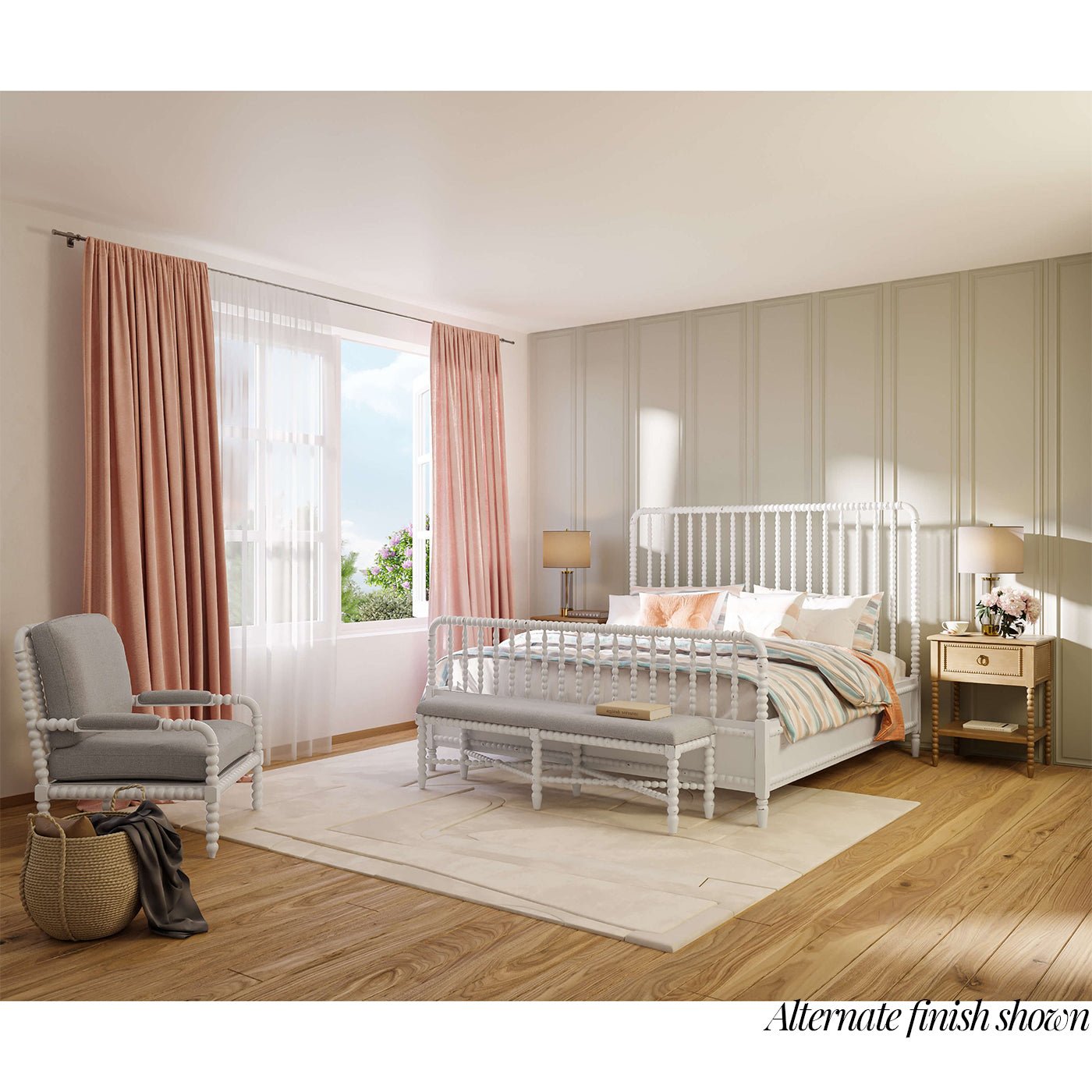 Bedroom scene with wooden bench, alternate finish.