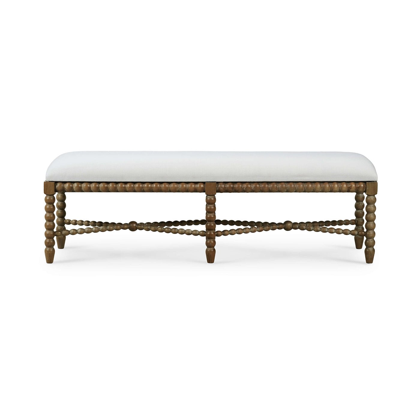 Front view of wooden bench with white cushion.