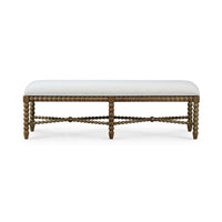 Front view of wooden bench with white cushion.