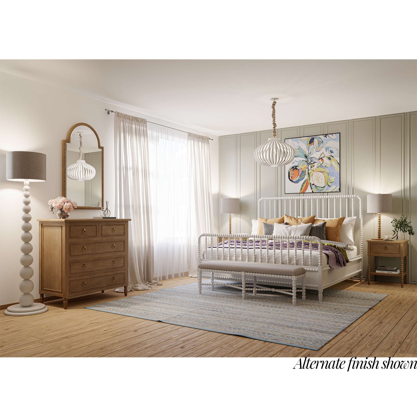 Styled bedroom featuring wooden bench with alternate finish.
