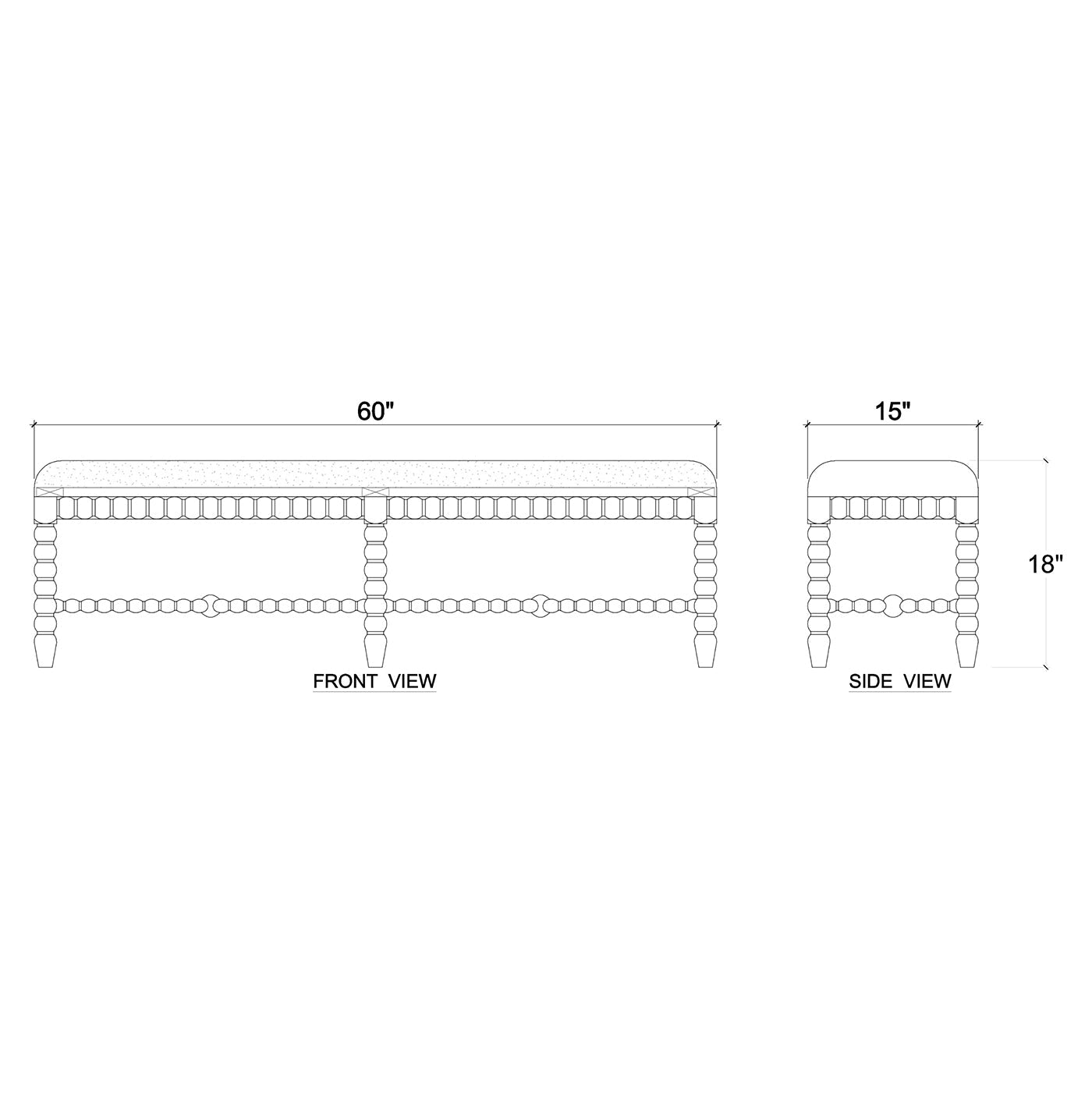 Dimensions diagram of wooden bench, front and side views.
