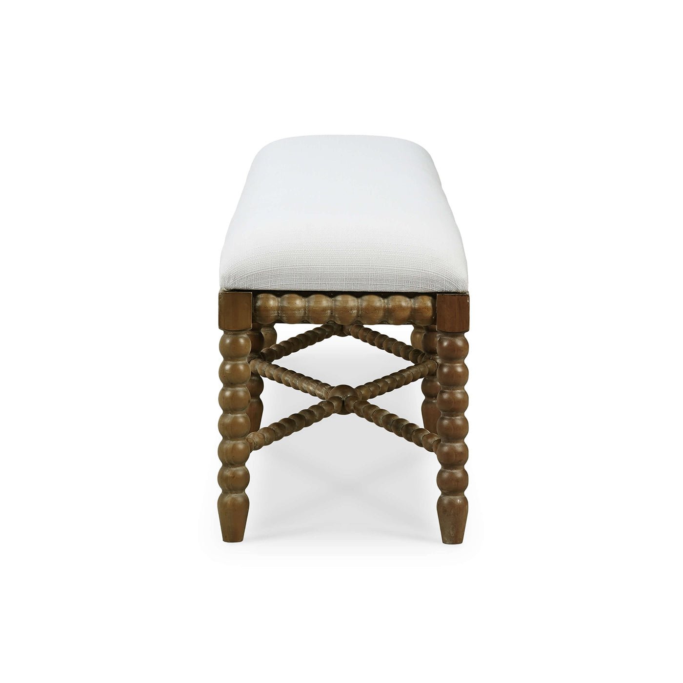 End view showcasing wooden bench's leg design.