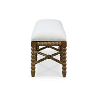 End view showcasing wooden bench's leg design.