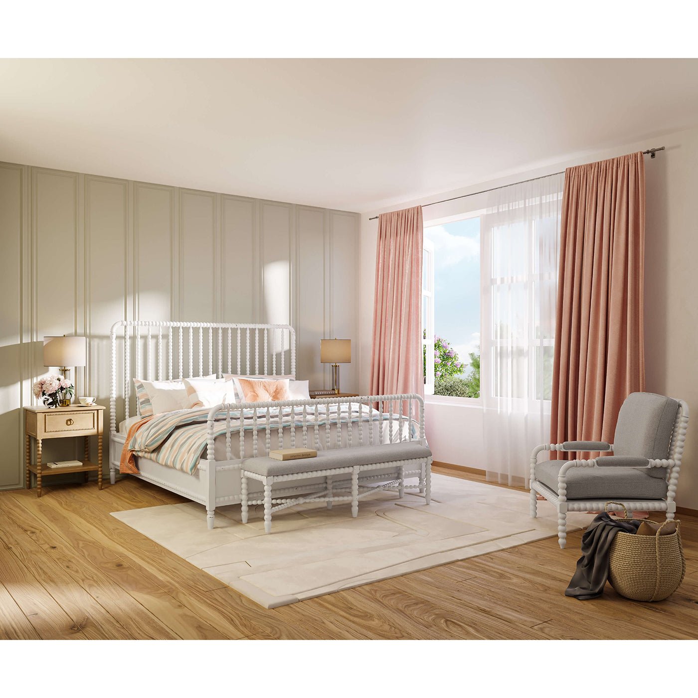 Bedroom with French Country Bobbin Armchair and bed.