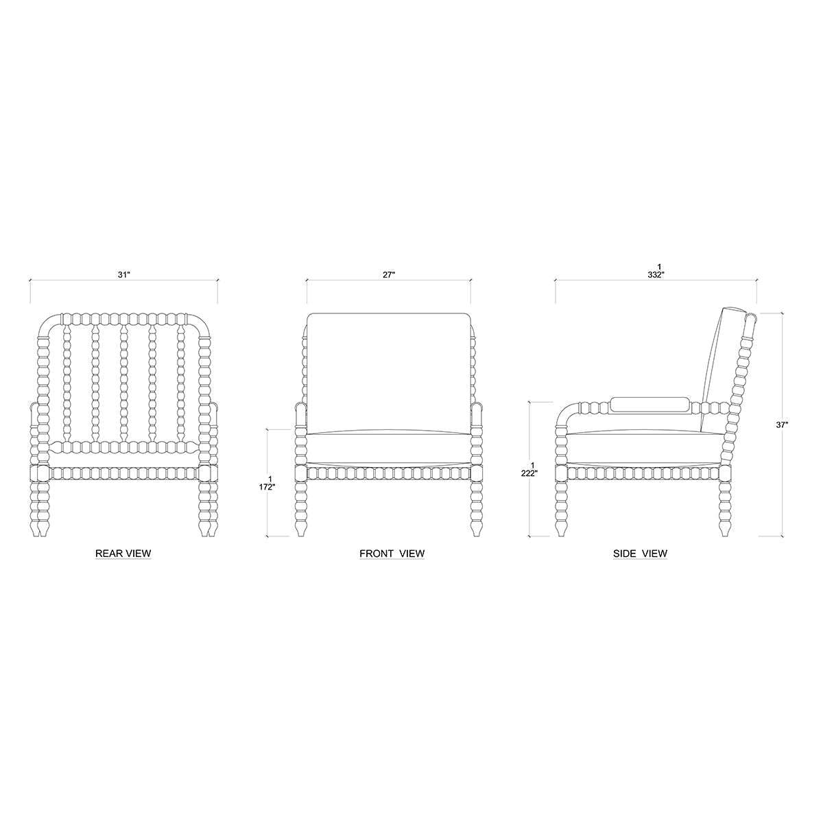 French Country Bobbin Armchair dimensional line drawings.