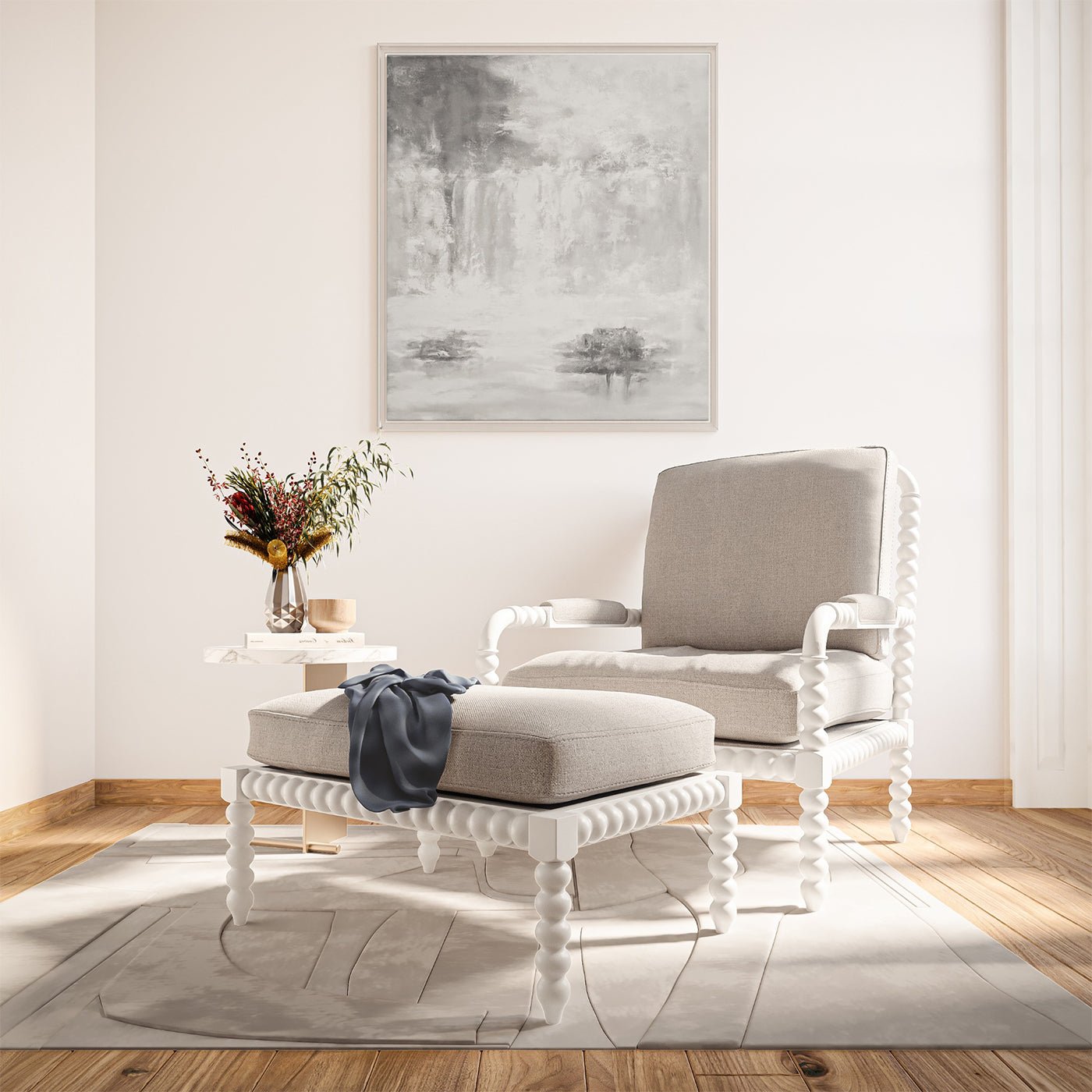 Ottoman with matching armchair, modern living room setting.