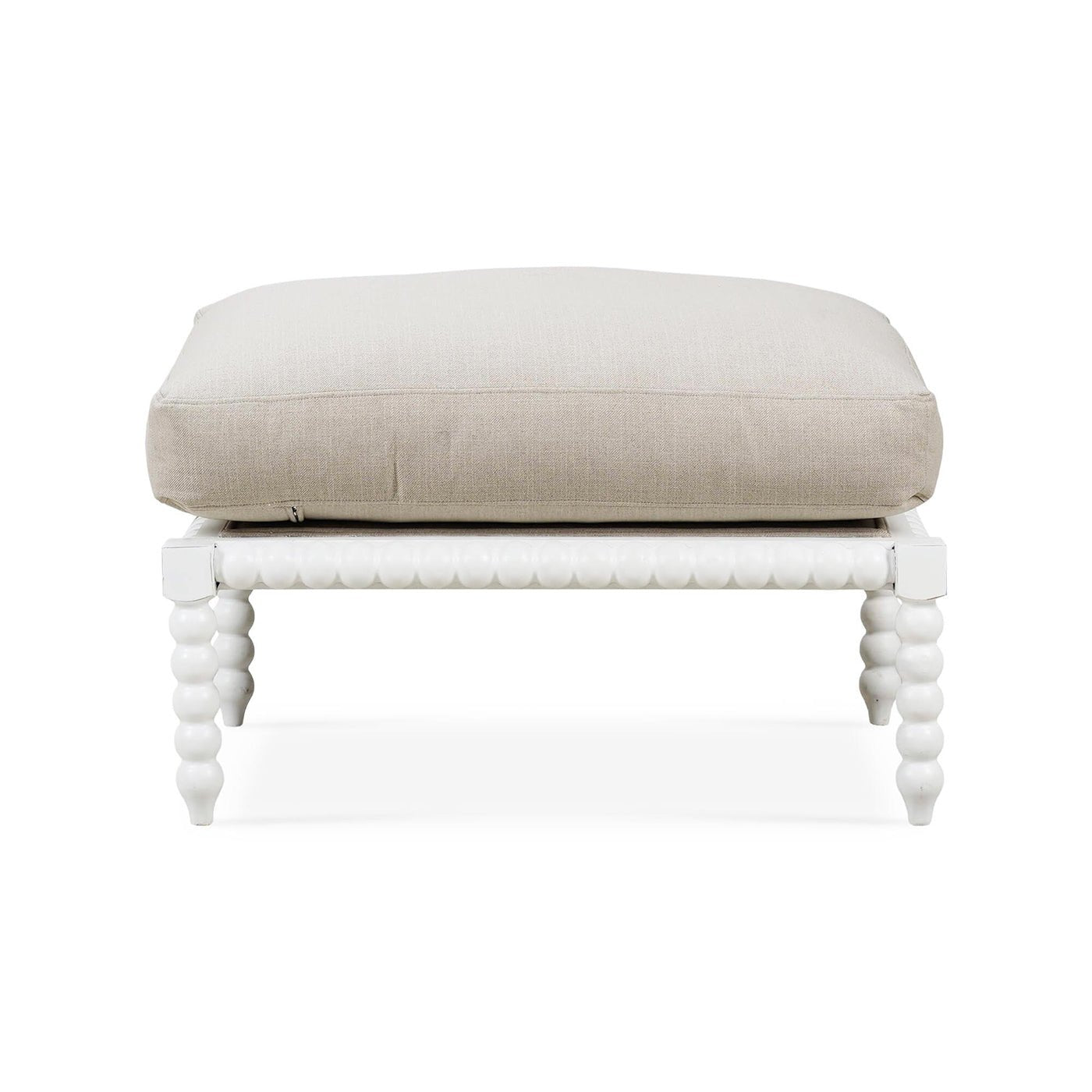 Front view of French country bobbin ottoman.