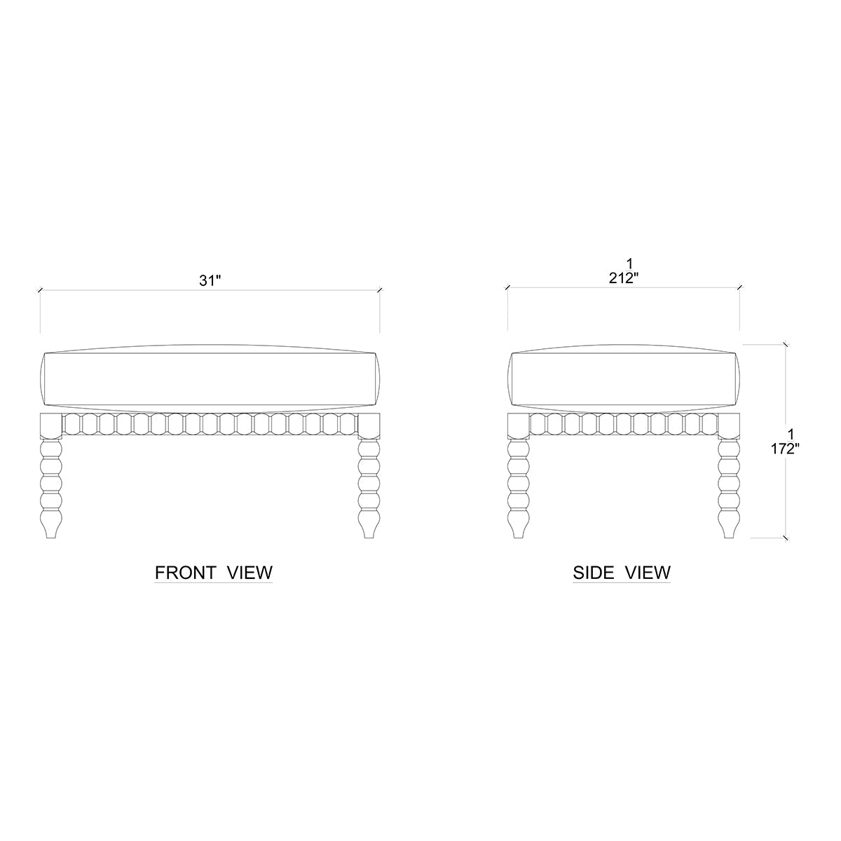 Dimensional diagram of French country bobbin ottoman.