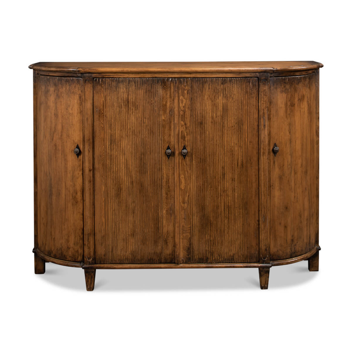 Front view of French country demilune cabinet.
