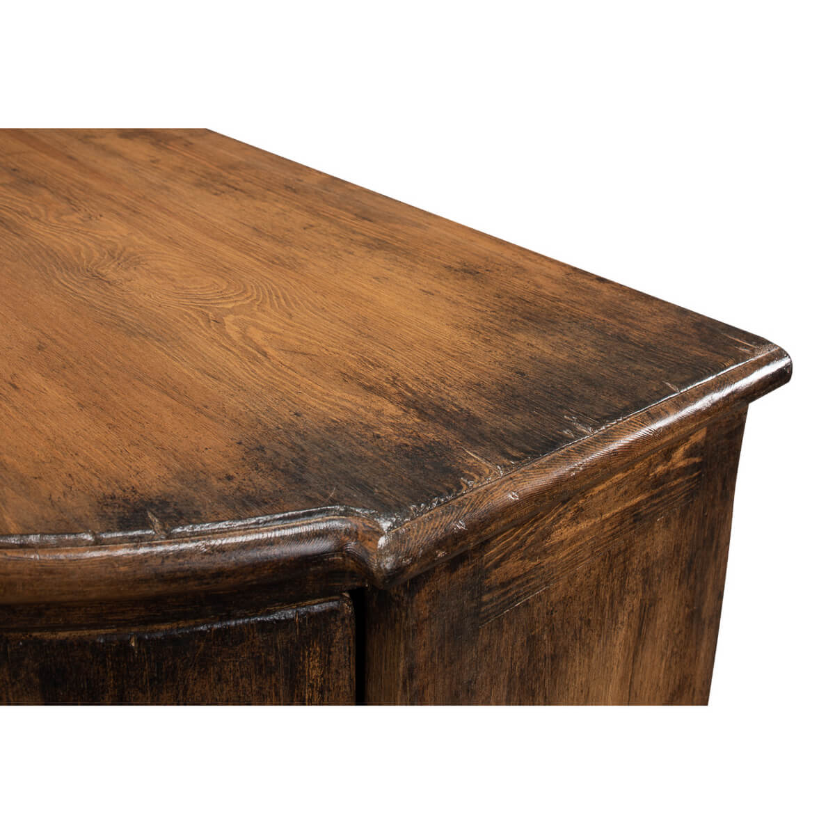 Corner detail of demilune cabinet, French country finish.