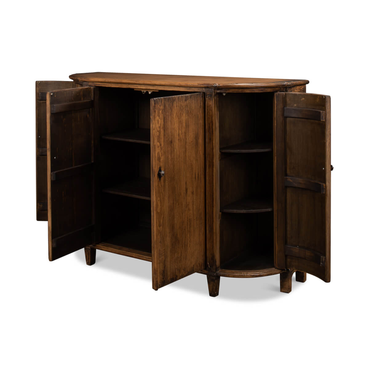French country cabinet with open doors and visible shelves.