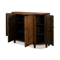 French country cabinet with open doors and visible shelves.