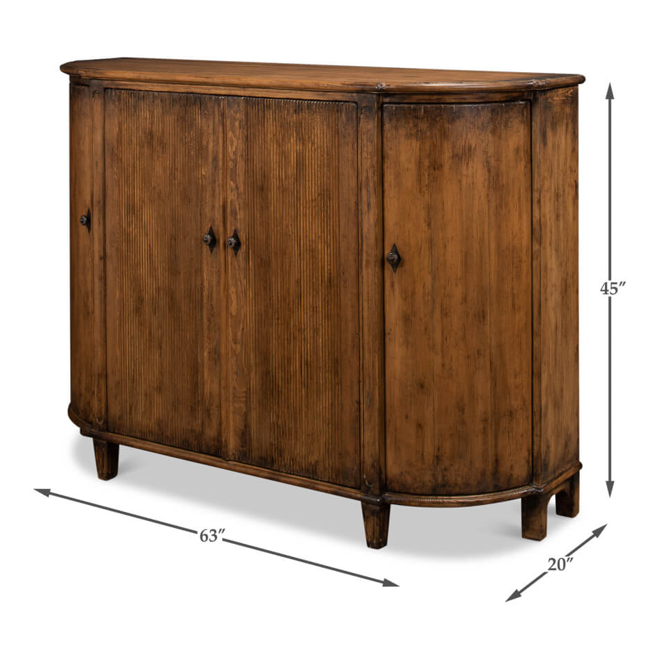 Dimensions of French country demilune cabinet displayed.