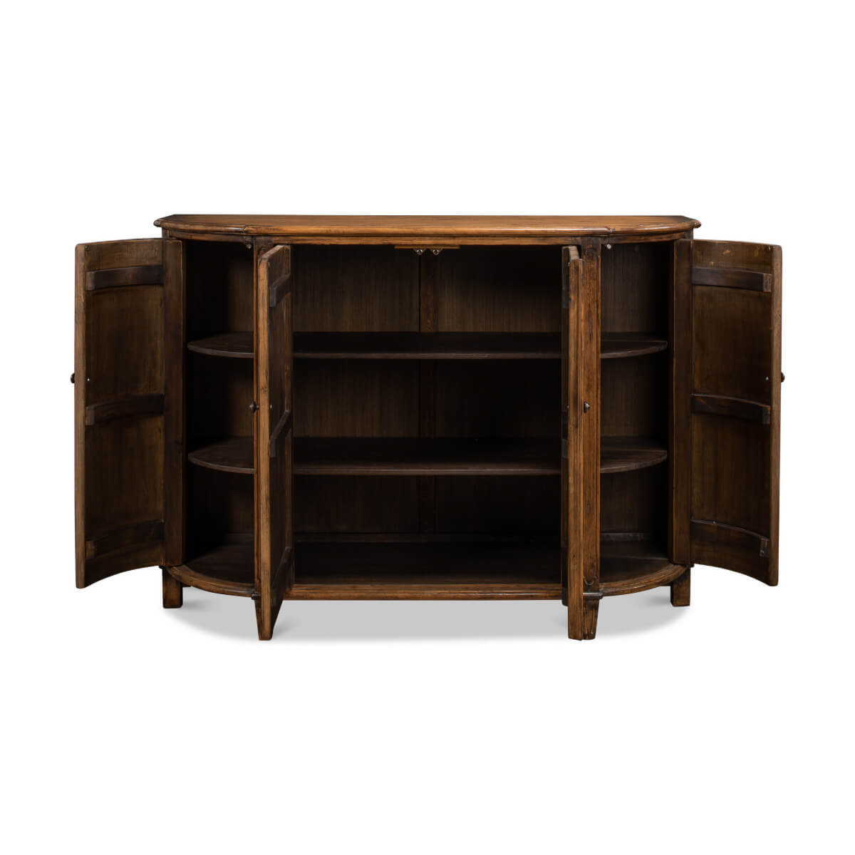 Open demilune cabinet showing shelves, French country style.