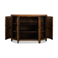 Open demilune cabinet showing shelves, French country style.