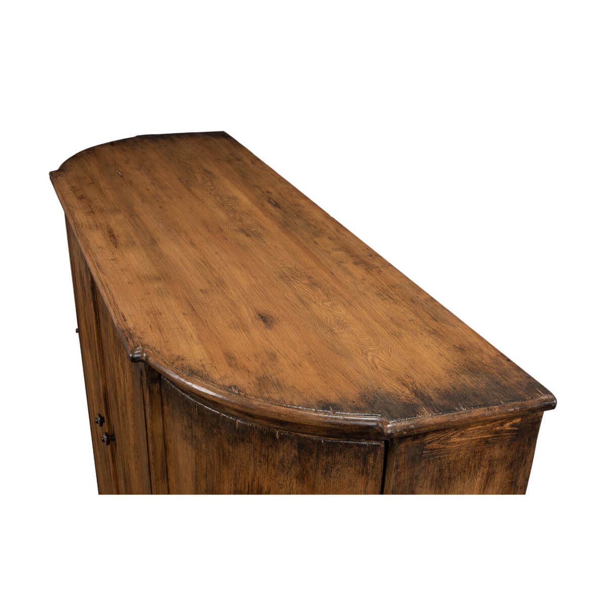 Top surface of French country demilune cabinet.