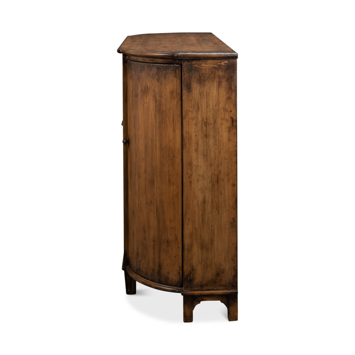 Side profile of French country demilune cabinet.