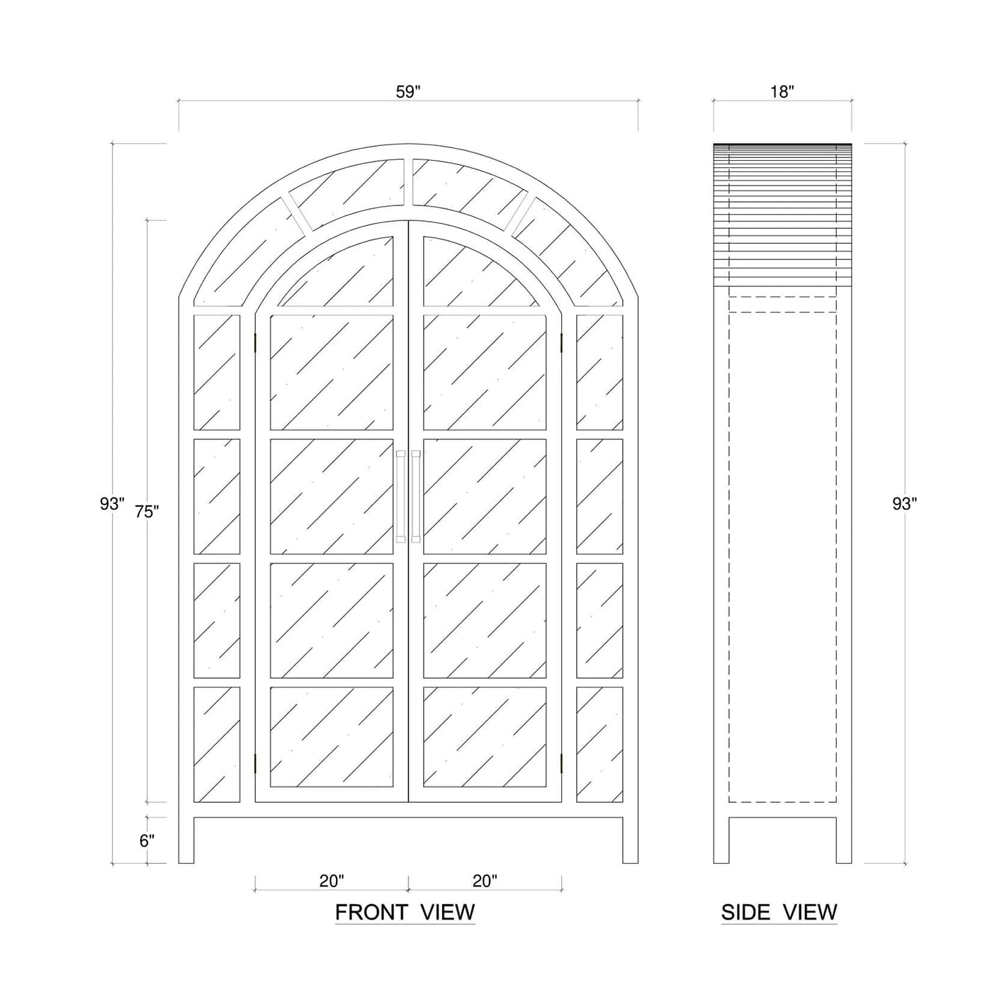 French country display cabinet front and side dimensions.