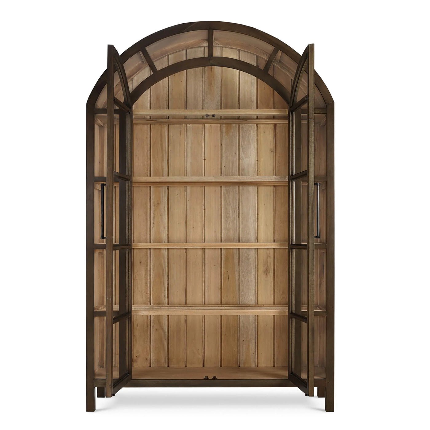 French country display cabinet with open doors.