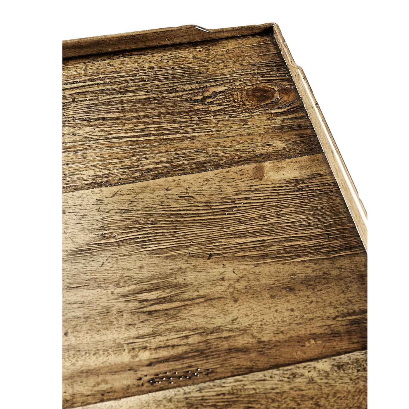Close-up texture of rustic wood tabletop on end table.