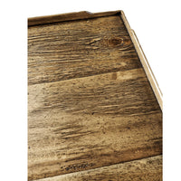 Close-up texture of rustic wood tabletop on end table.