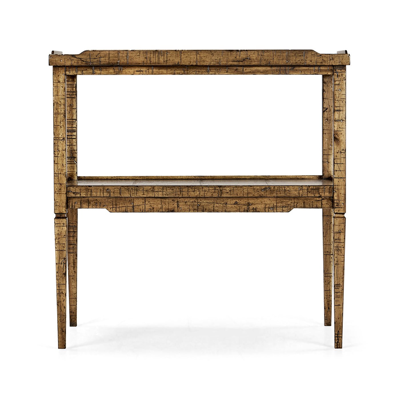 Front view of medium brown French country end table.