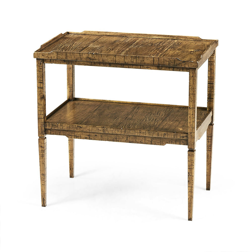 Rustic wood French country end table with two shelves.