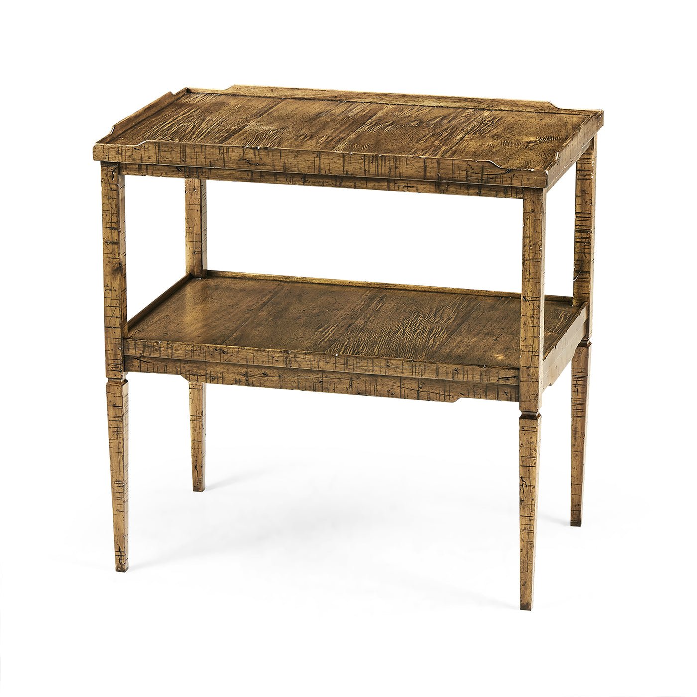 Rustic wood French country end table with two shelves.