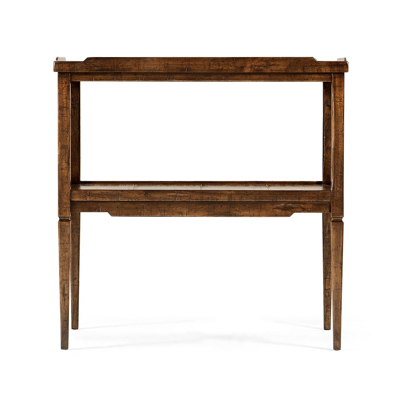 Side view of walnut French Country end table.