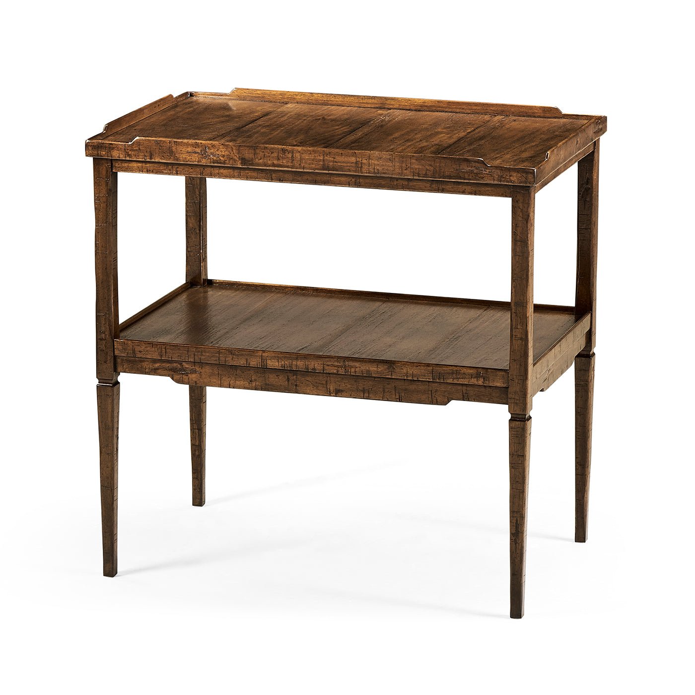 Front view of French Country end table, walnut finish.