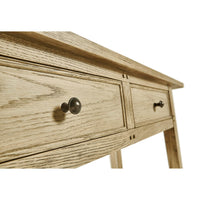 Close-up of console table twin drawers, metal knobs.