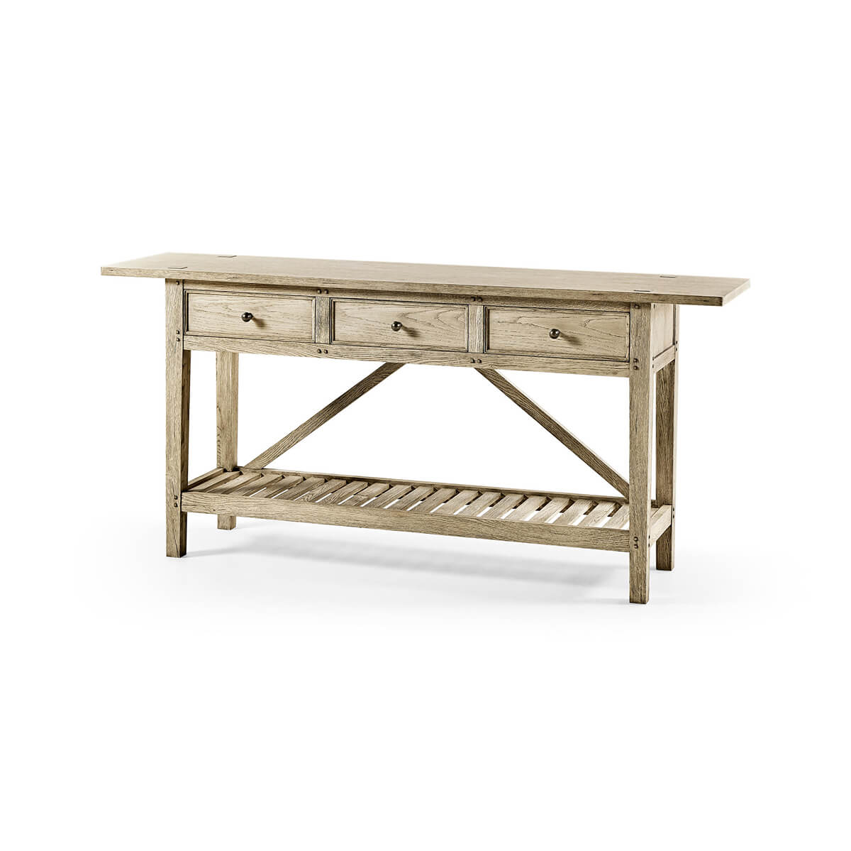 French Country console table, three-quarter view, farmhouse style.