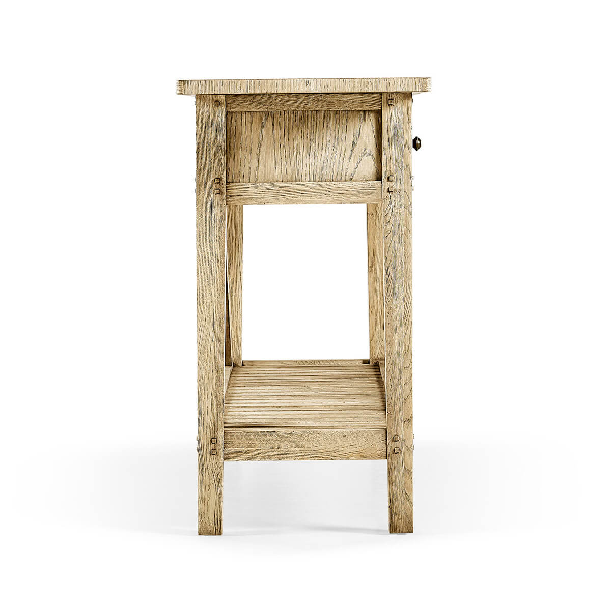 Side view of wooden console table, slatted shelf.