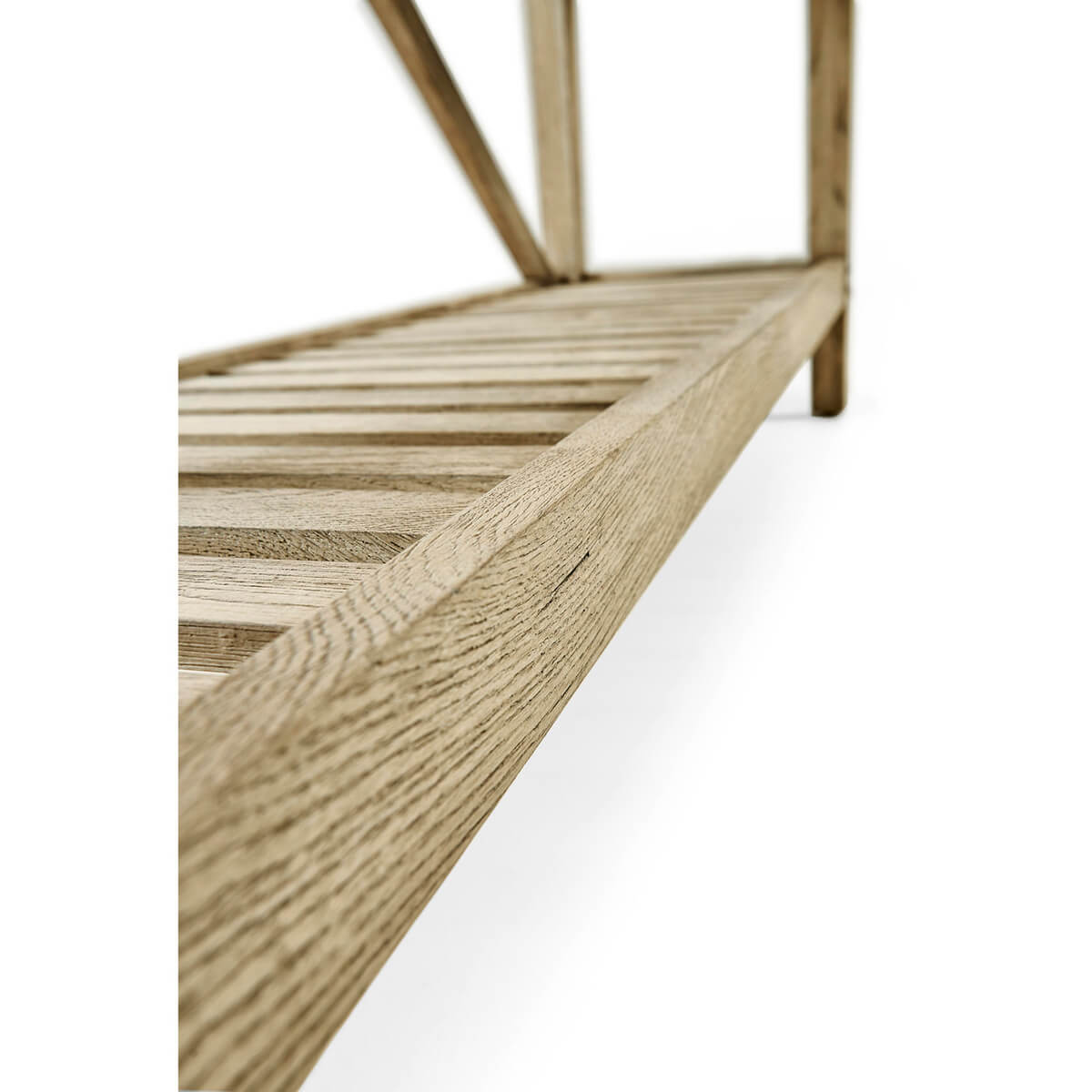 Detailed view of console table slatted shelf, close-up.
