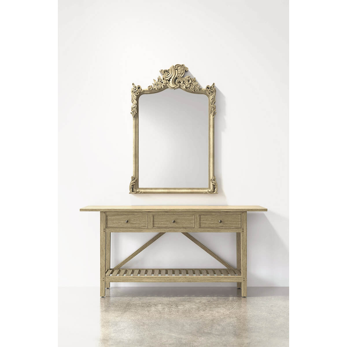 Console table with ornate mirror above, elegant design.