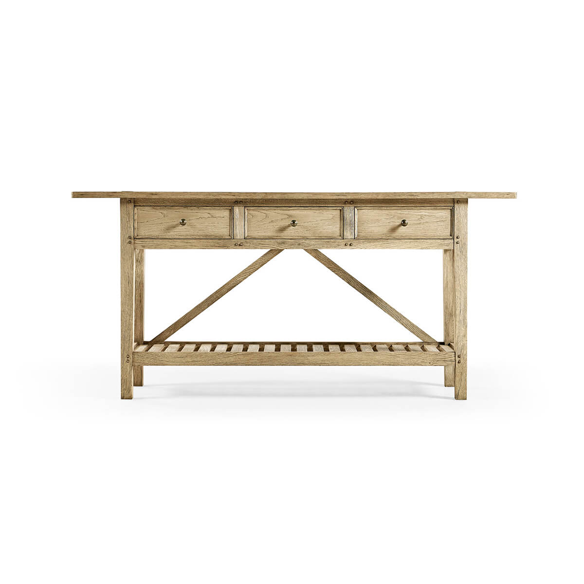 Front view of farmhouse console table with drawers.