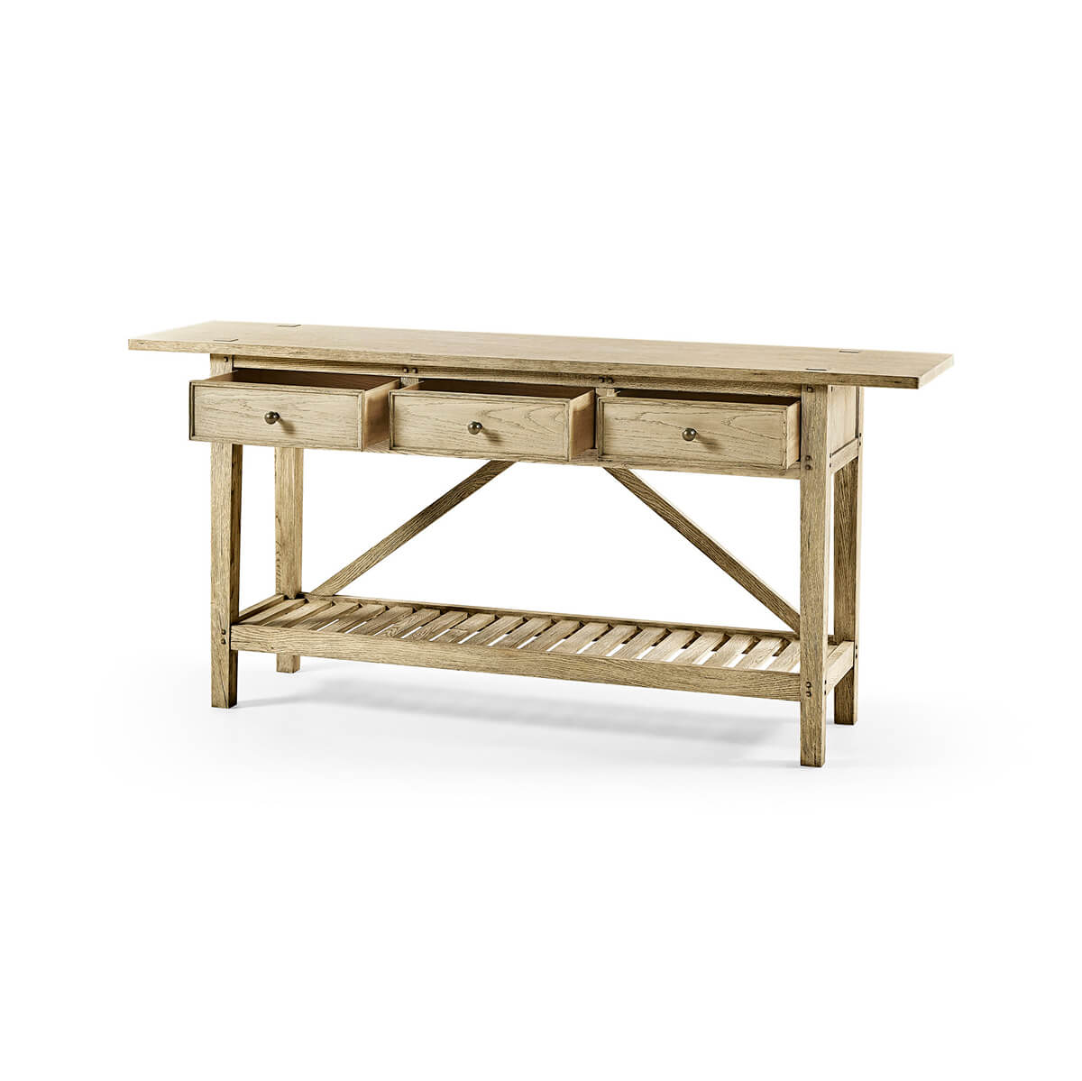 Farmhouse console table with open drawers, wooden design.
