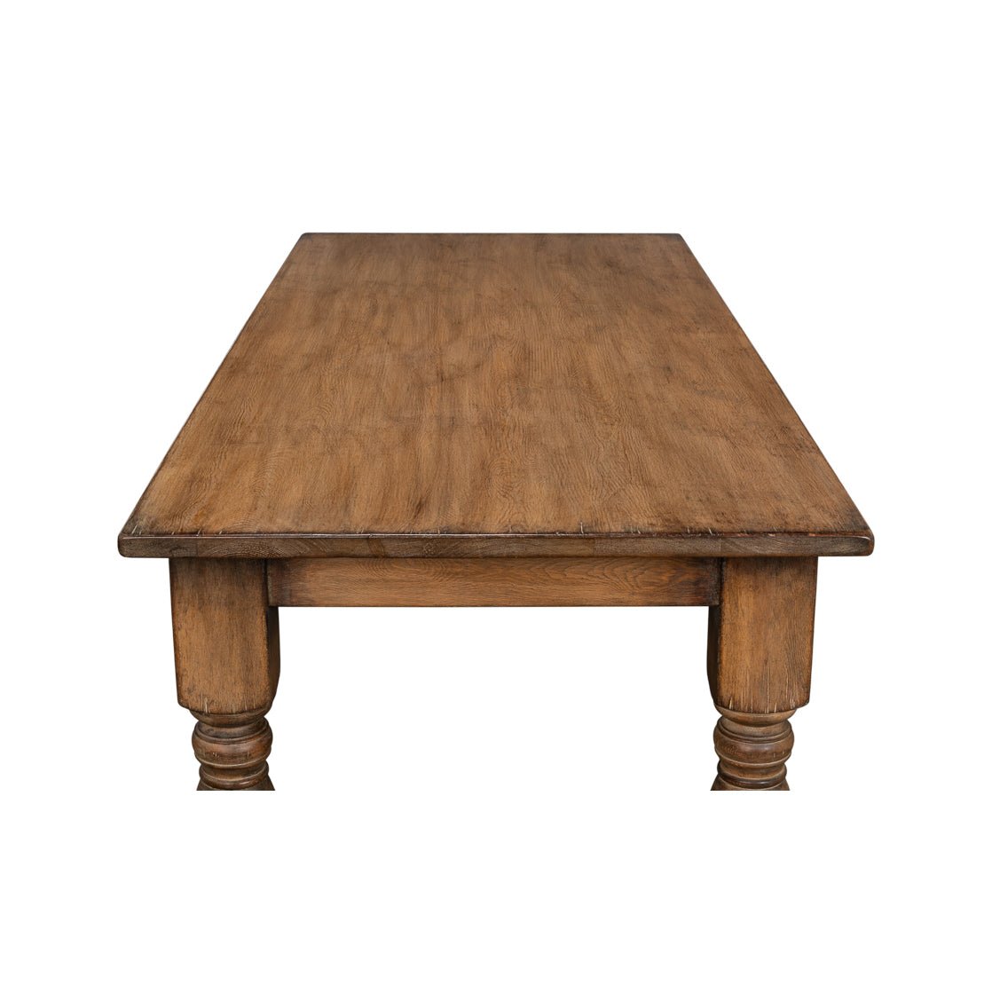 Top surface of farmhouse dining table, end view.