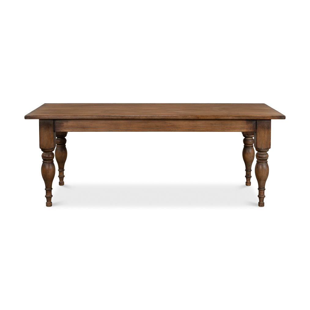 Front view of French Country farmhouse dining table.