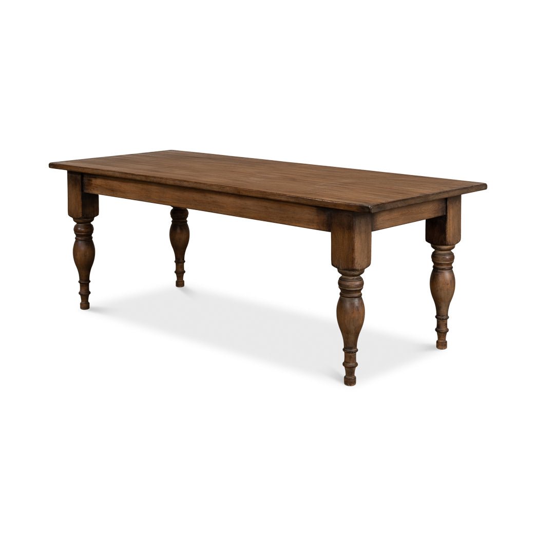 Wooden dining table, left side perspective.