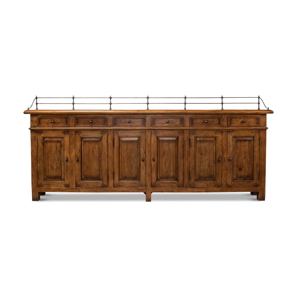 Front view of French Country buffet sideboard with cabinets.