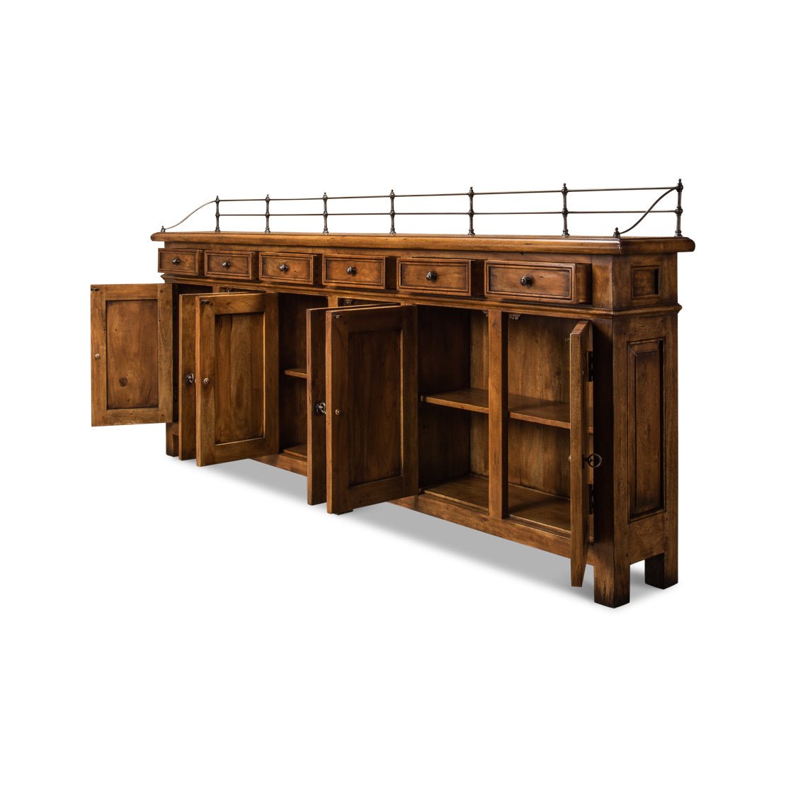 Open French Country buffet showing interior shelves and doors.
