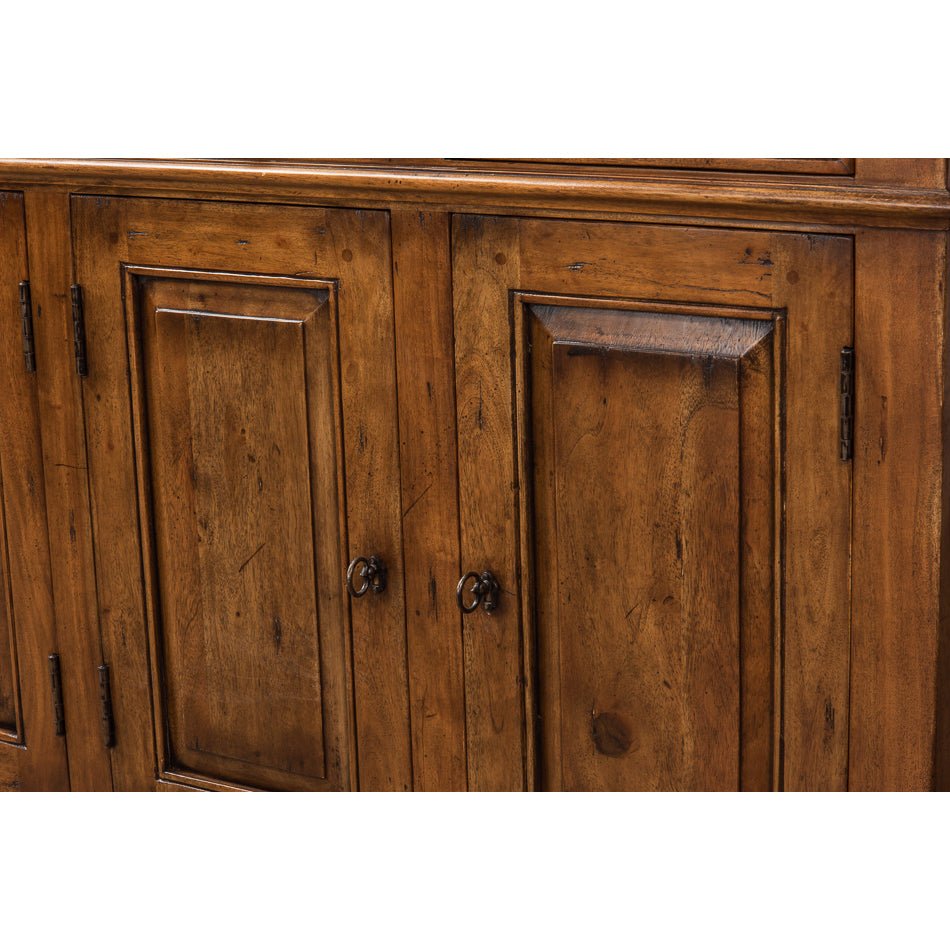 Detailed view of cabinet doors on fruitwood buffet sideboard.