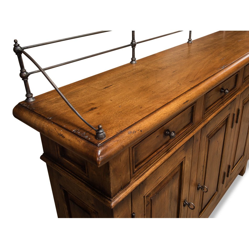 Top and corner detail of French Country fruitwood buffet.