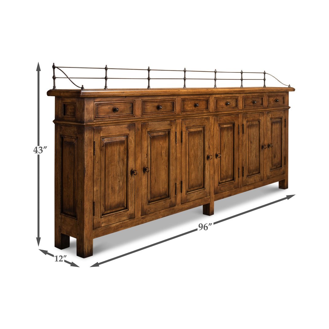 Dimensions of French Country fruitwood buffet sideboard shown.