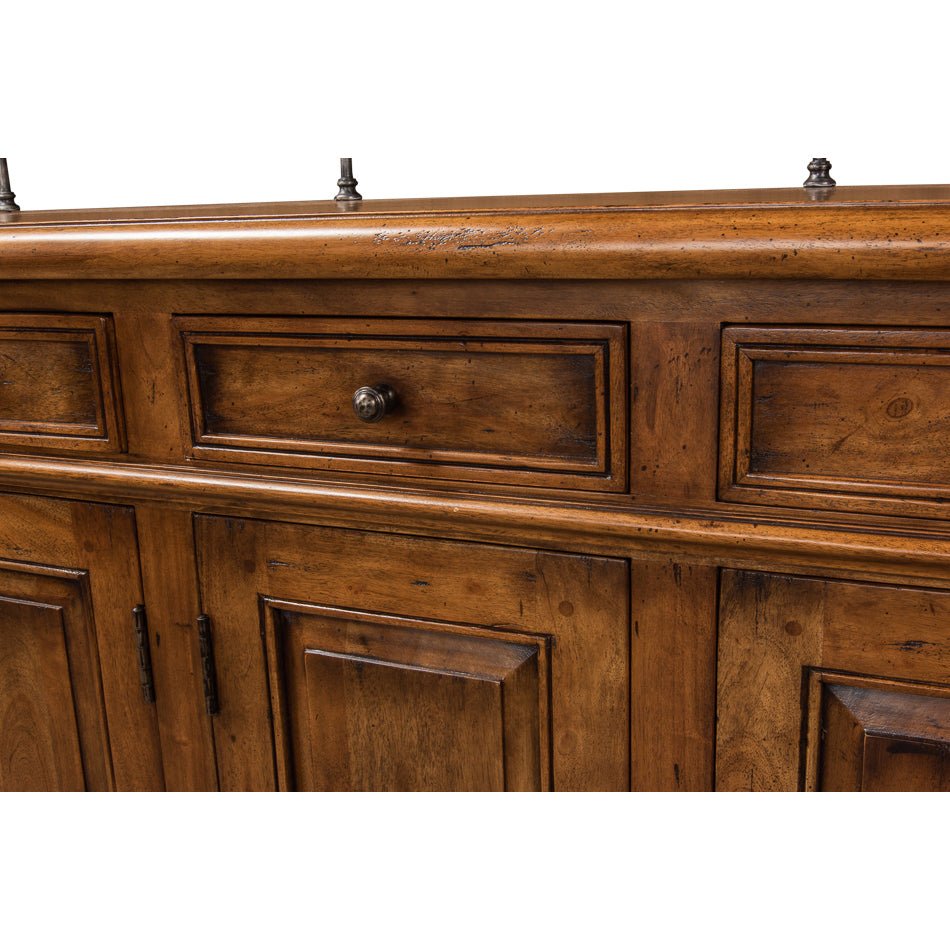 Close-up of buffet drawers and cabinet doors.