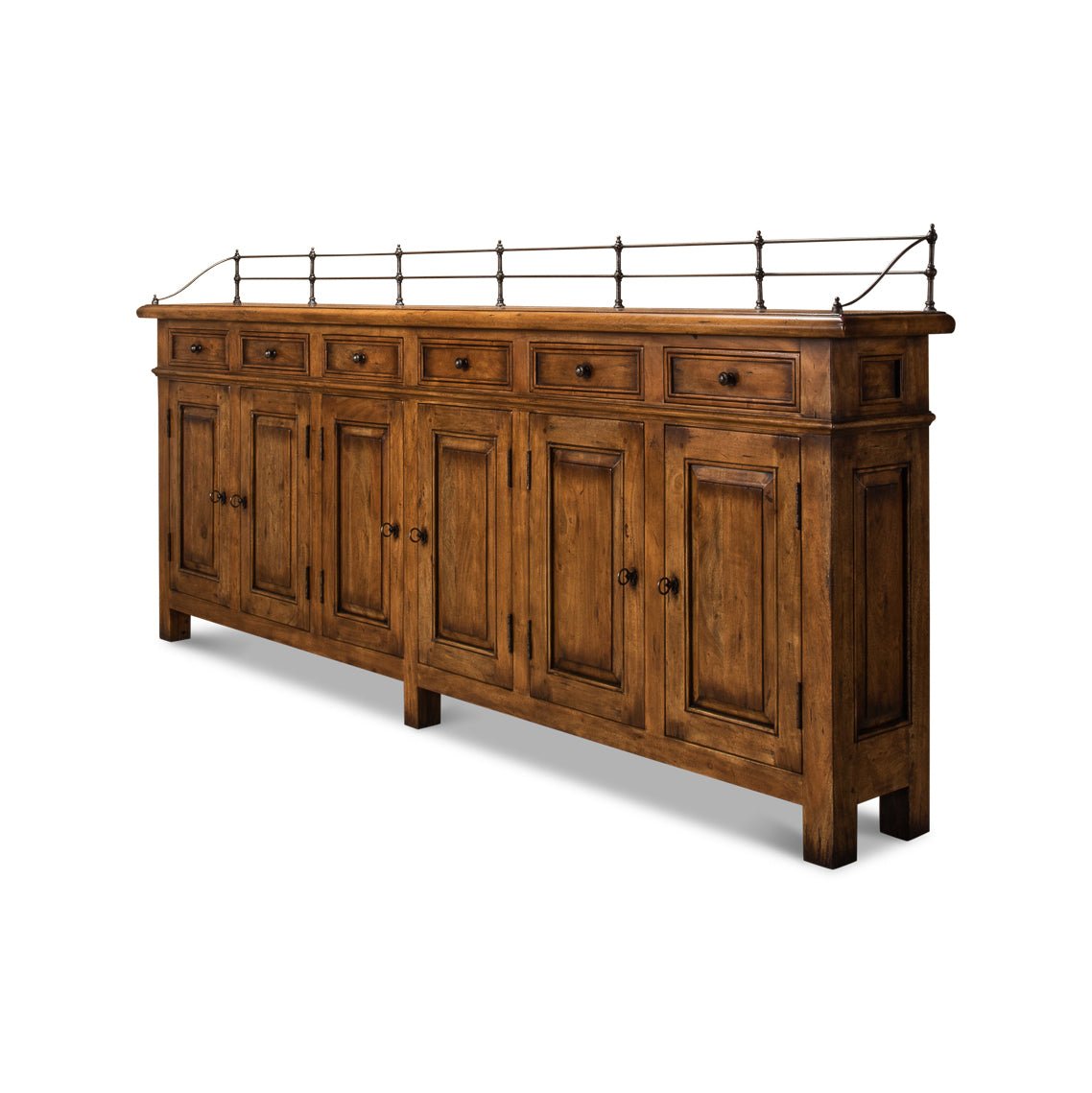 Side view of French Country fruitwood buffet sideboard.