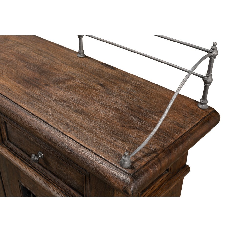 Top surface and metal railing of country buffet.