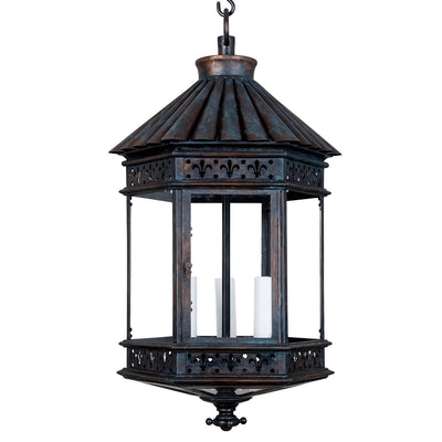 Copper bronze lantern with paneled design, side view.