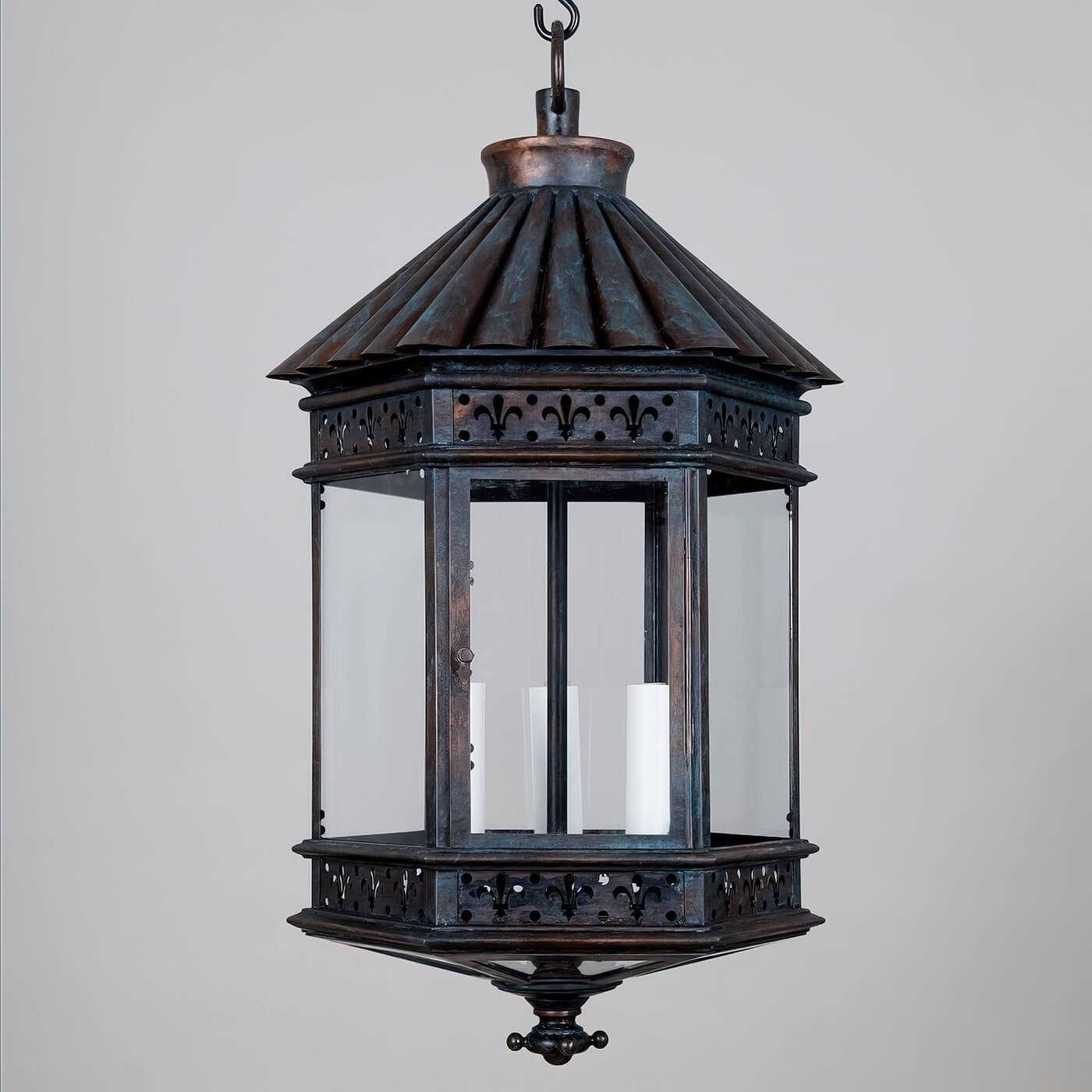 Close-up copper bronze lantern front view, detailed design.